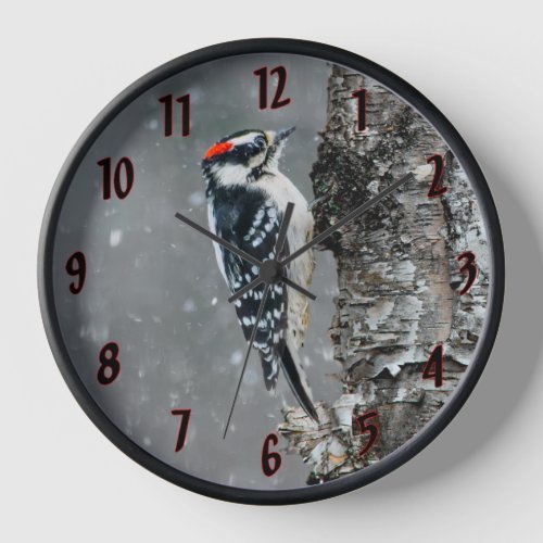 Downy Woodpecker in Snow _ Original Photograph Clock