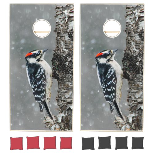 Downy Woodpecker in Snow _ Original Photograph Cornhole Set