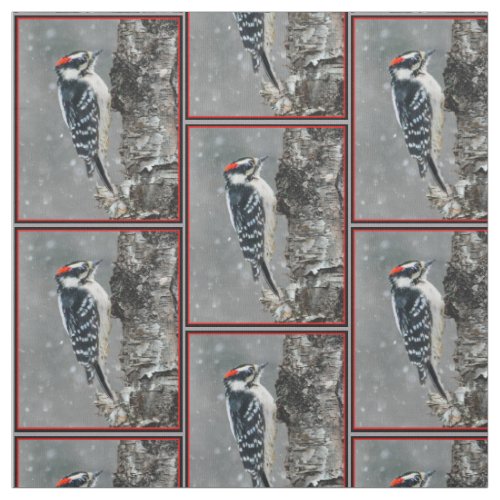 Downy Woodpecker in Snow _ Original Photograph Fabric