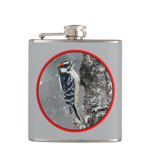 Downy Woodpecker in Snow - Original Photograph Flask (Front)