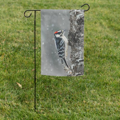 Downy Woodpecker in Snow _ Original Photograph Garden Flag