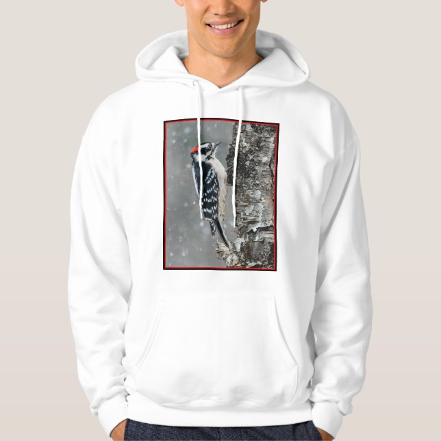 Downy Woodpecker in Snow - Original Photograph Hoodie (Front)