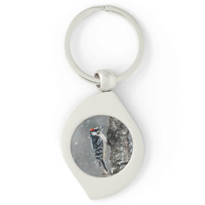 Downy Woodpecker in Snow - Original Photograph Keychain