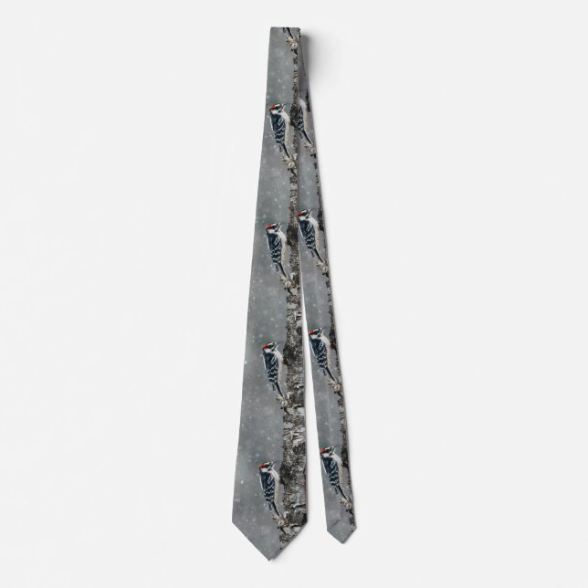 Downy Woodpecker in Snow - Original Photograph Neck Tie (Front)