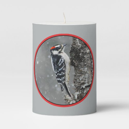 Downy Woodpecker in Snow _ Original Photograph Pillar Candle