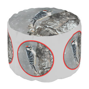 Downy Woodpecker in Snow - Original Photograph Pouf