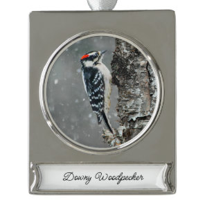 Downy Woodpecker in Snow - Original Photograph Silver Plated Banner Ornament