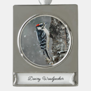 Downy Woodpecker in Snow - Original Photograph Silver Plated Banner Ornament