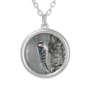 Downy Woodpecker in Snow - Original Photograph Silver Plated Necklace