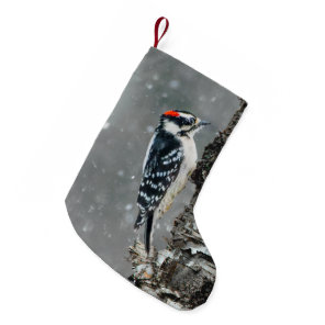 Downy Woodpecker in Snow - Original Photograph Small Christmas Stocking
