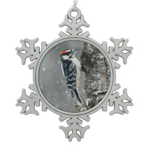Downy Woodpecker in Snow - Original Photograph Snowflake Pewter Christmas Ornament