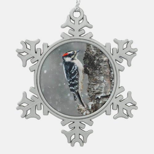 Downy Woodpecker in Snow _ Original Photograph Snowflake Pewter Christmas Ornament
