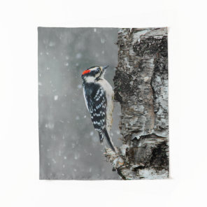 Downy Woodpecker in Snow - Original Photograph Tapestry