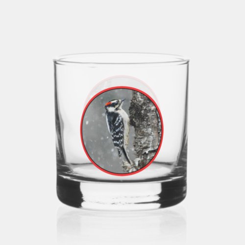 Downy Woodpecker in Snow _ Original Photograph Whiskey Glass
