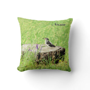 Downy Woodpecker on a Stump Your Name Throw Pillow