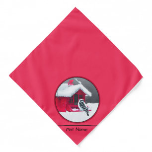 Downy Woodpecker on Red Feeder Original Bird Art Bandana