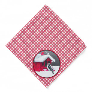 Downy Woodpecker on Red Feeder Original Bird Art Bandana