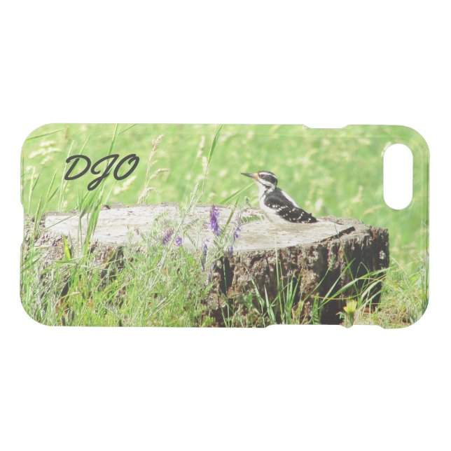 Downy Woodpecker on Tree Stump Uncommon iPhone Case (Back Horizontal)