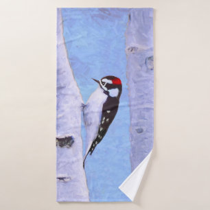Downy Woodpecker Painting - Original Bird Art Bath Towel Set