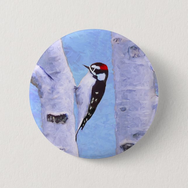 Downy Woodpecker Painting - Original Bird Art Button (Front)
