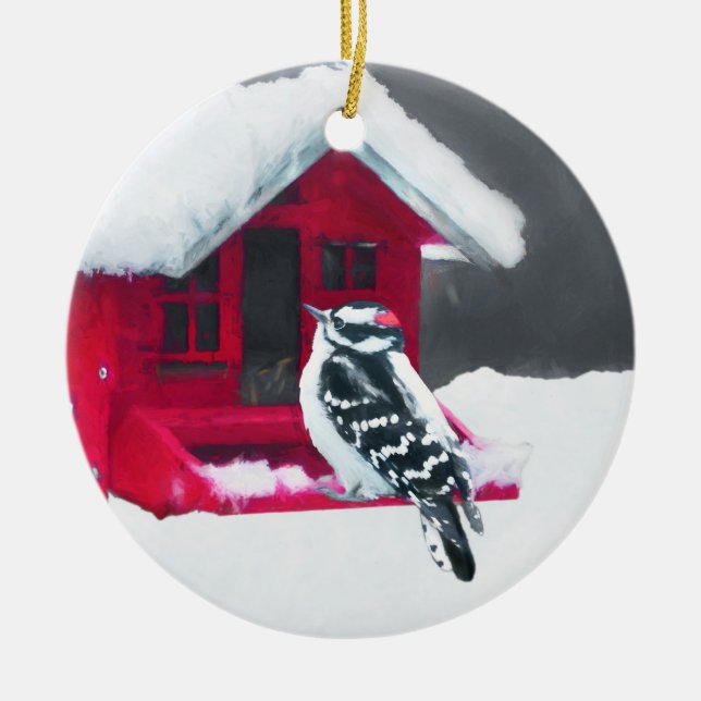 Downy Woodpecker Painting - Original Bird Art Ceramic Ornament (Front)