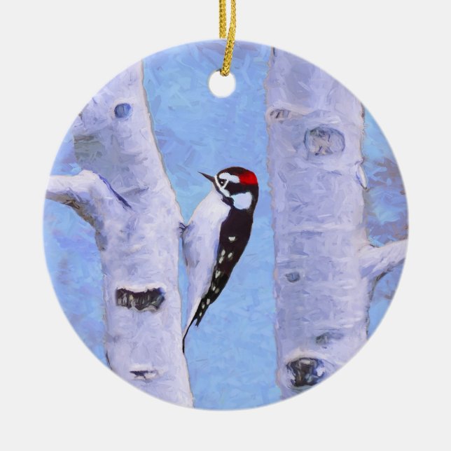 Downy Woodpecker Painting - Original Bird Art Ceramic Ornament (Front)