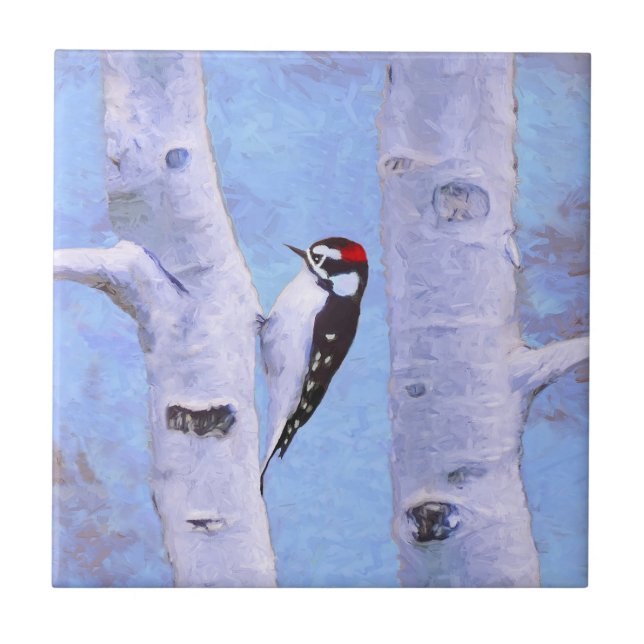 Downy Woodpecker Painting - Original Bird Art Ceramic Tile (Front)