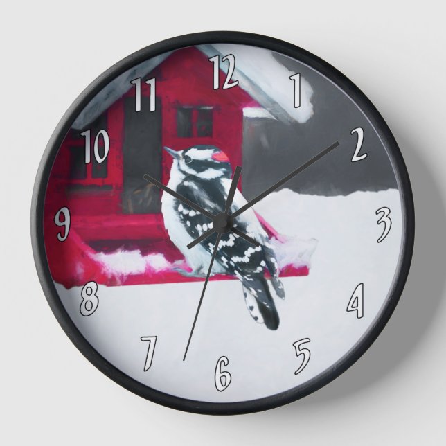 Downy Woodpecker Painting - Original Bird Art Clock (Front)
