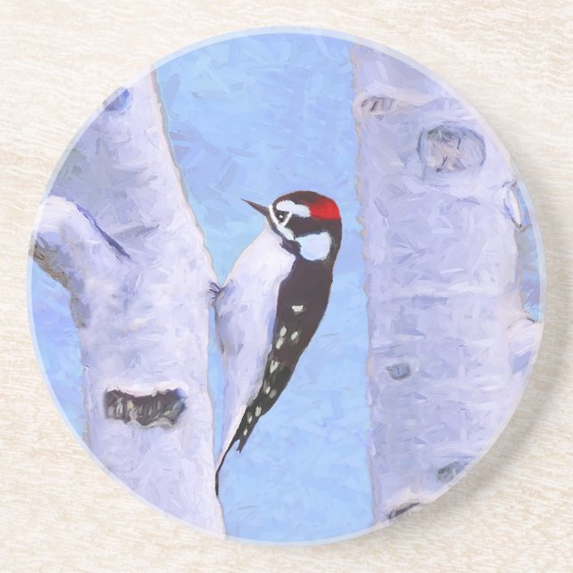Downy Woodpecker Painting - Original Bird Art Coaster (Front)
