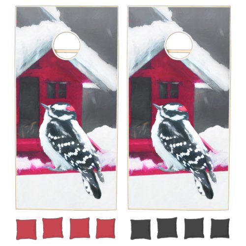 Downy Woodpecker Painting _ Original Bird Art Cornhole Set