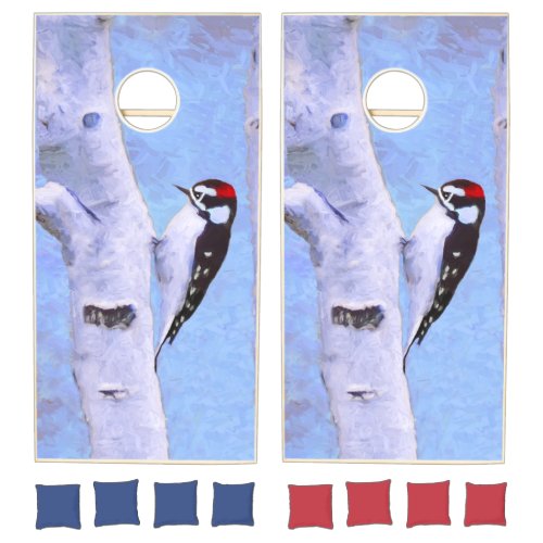 Downy Woodpecker Painting _ Original Bird Art Cornhole Set