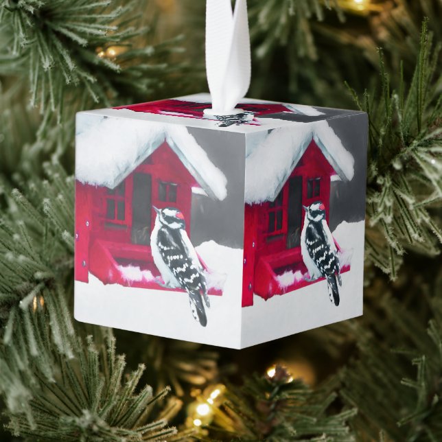 Downy Woodpecker Painting - Original Bird Art Cube Ornament (Tree)