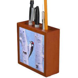 Downy Woodpecker Painting - Original Bird Art Desk Organizer