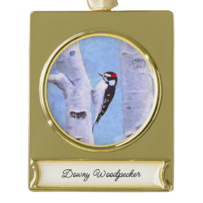 Downy Woodpecker Painting - Original Bird Art Gold Plated Banner Ornament