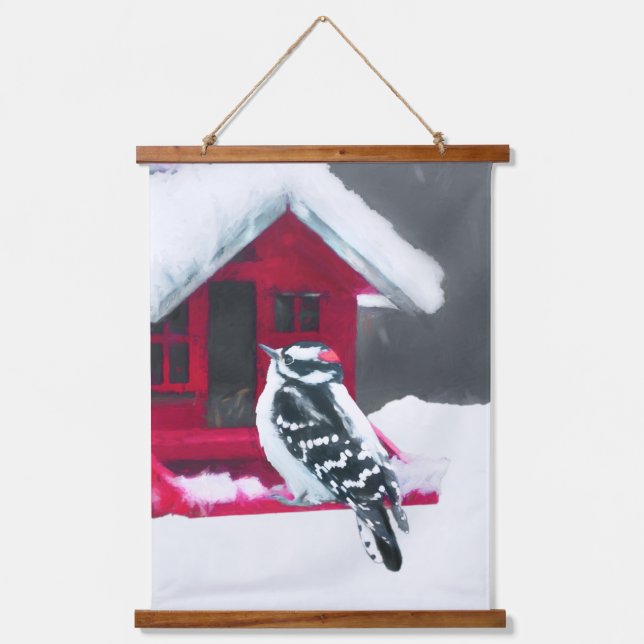 Downy Woodpecker Painting - Original Bird Art Hanging Tapestry (Front)