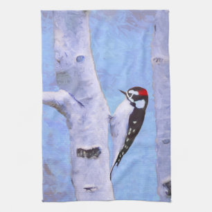 Downy Woodpecker Painting - Original Bird Art Kitchen Towel