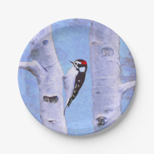 Downy Woodpecker Painting - Original Bird Art Paper Plates