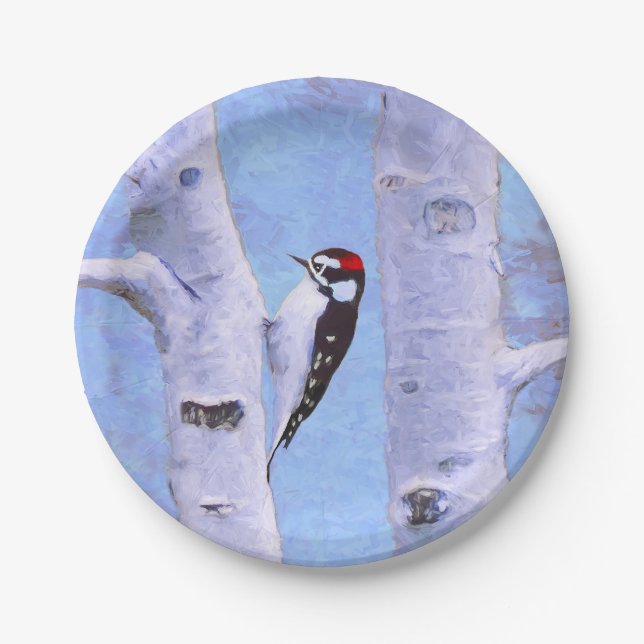 Downy Woodpecker Painting - Original Bird Art Paper Plates (Front)