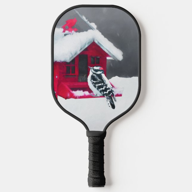Downy Woodpecker Painting - Original Bird Art Pickleball Paddle (Front)