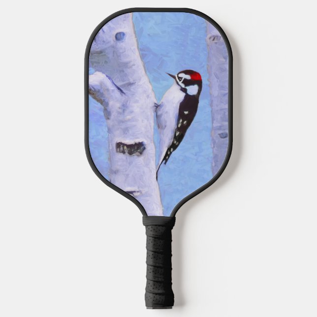 Downy Woodpecker Painting - Original Bird Art Pickleball Paddle (Front)