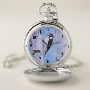 Downy Woodpecker Painting - Original Bird Art Pocket Watch