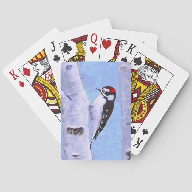 Downy Woodpecker Painting - Original Bird Art Poker Cards (Back)