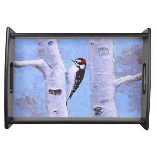 Downy Woodpecker Painting - Original Bird Art Serving Tray