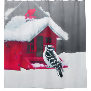 Downy Woodpecker Painting - Original Bird Art Shower Curtain