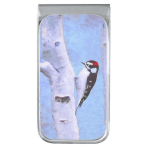 Downy Woodpecker Painting - Original Bird Art Silver Finish Money Clip
