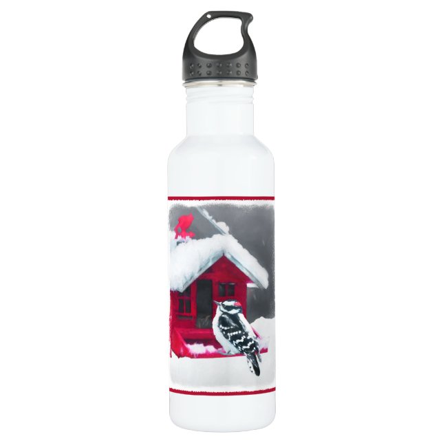Downy Woodpecker Painting - Original Bird Art Stainless Steel Water Bottle (Front)