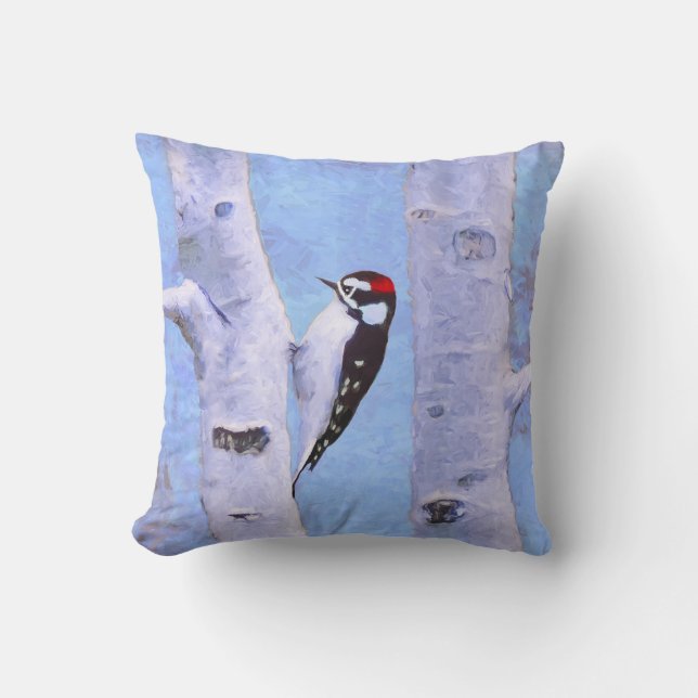 Downy Woodpecker Painting - Original Bird Art Throw Pillow (Front)