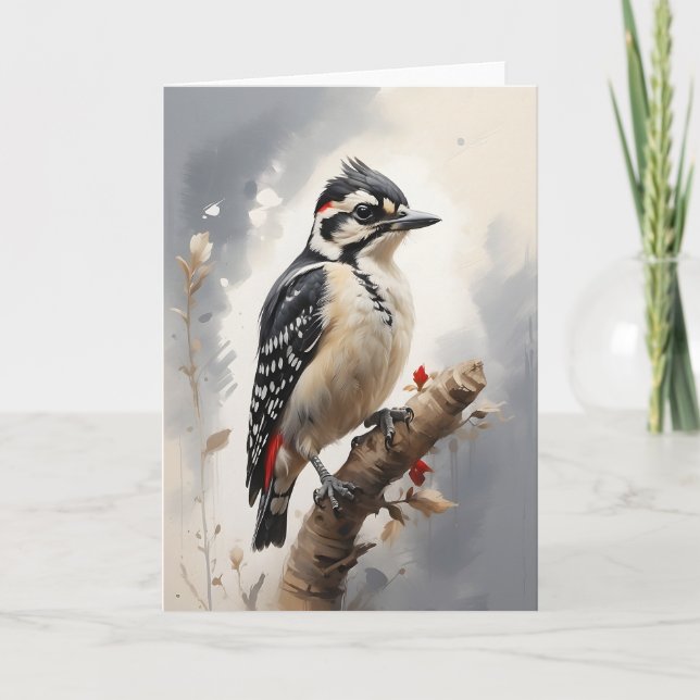 Downy Woodpecker Perched on Tree Branch Blank Card (Front)