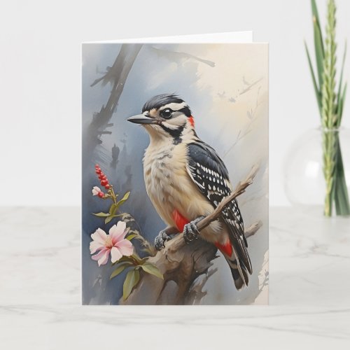 Downy Woodpecker Resting Beautiful Flowers Blank Card