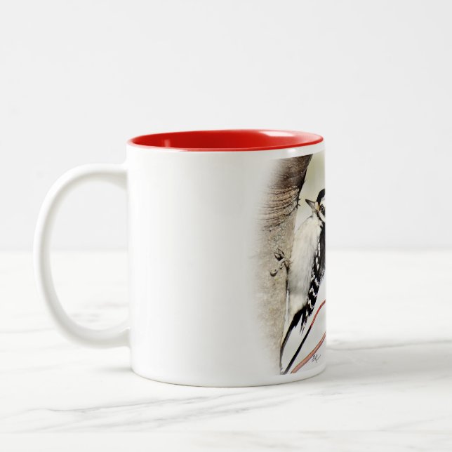 Downy Woodpecker Tea Mug- personalize Two-Tone Coffee Mug (Left)